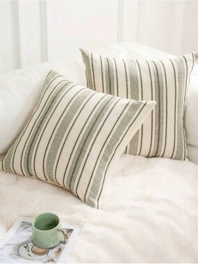Neutral Striped Throw Pillow Pair - Cream with Sage Stripes
